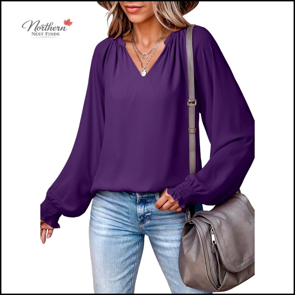 Long Sleeve V Neck Chiffon Blouse Smocked Tunic Casual Elegant Top